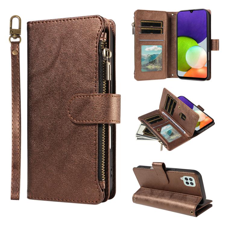 P03 Custodia per telefono in similpelle di vitello con 9 scomparti per carte, chiusura a cerniera e cinturino da polso, For Galaxy A22 4G