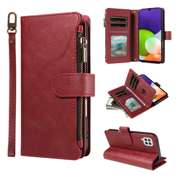 P03 Custodia per telefono in similpelle di vitello con 9 scomparti per carte, chiusura a cerniera e cinturino da polso, For Galaxy A22 4G
