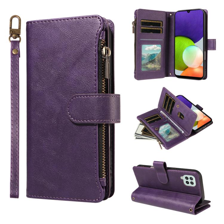 P03 Custodia per telefono in similpelle di vitello con 9 scomparti per carte, chiusura a cerniera e cinturino da polso, For Galaxy A22 4G