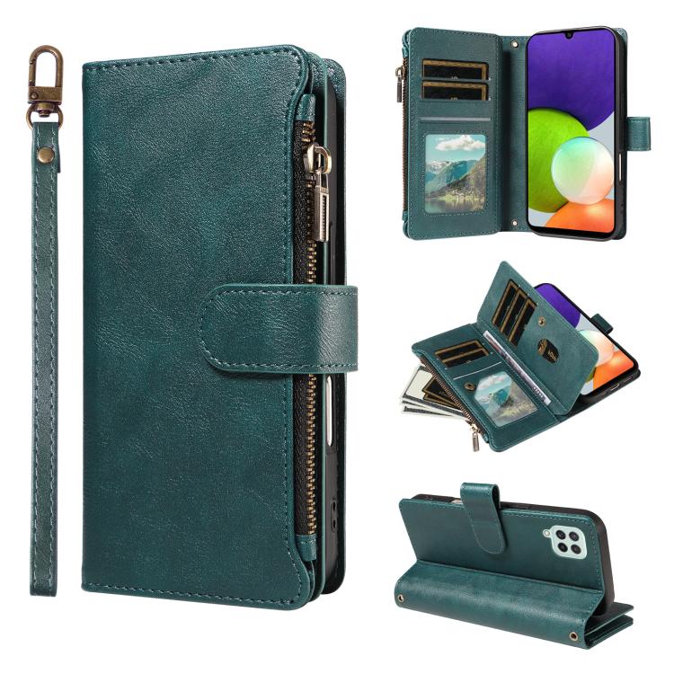 P03 Custodia per telefono in similpelle di vitello con 9 scomparti per carte, chiusura a cerniera e cinturino da polso, For Galaxy A22 4G