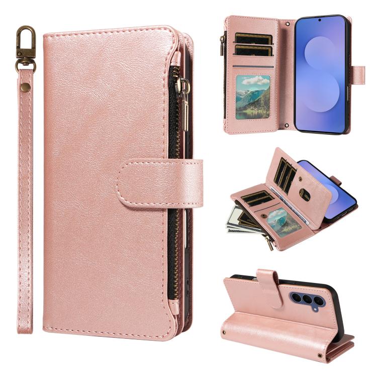 Custodia per telefono vegana in similpelle di vitello con 9 scomparti per carte, chiusura a cerniera e cinturino da polso., For Galaxy S26 FE 5G, For Galaxy S26+ 5G, For Galaxy S26 Edge 5G, For Galaxy S26 Ultra 5G