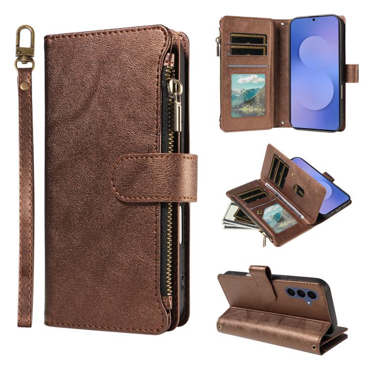 Custodia per telefono vegana in similpelle di vitello con 9 scomparti per carte, chiusura a cerniera e cinturino da polso., For Galaxy S26 FE 5G, For Galaxy S26+ 5G, For Galaxy S26 Edge 5G, For Galaxy S26 Ultra 5G