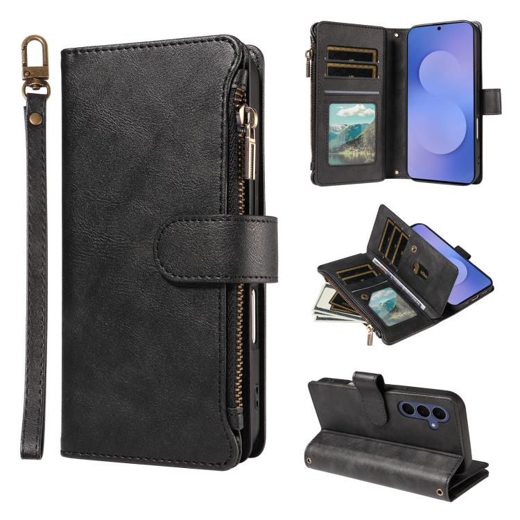 Custodia per telefono vegana in similpelle di vitello con 9 scomparti per carte, chiusura a cerniera e cinturino da polso., For Galaxy S26 FE 5G, For Galaxy S26+ 5G, For Galaxy S26 Edge 5G, For Galaxy S26 Ultra 5G
