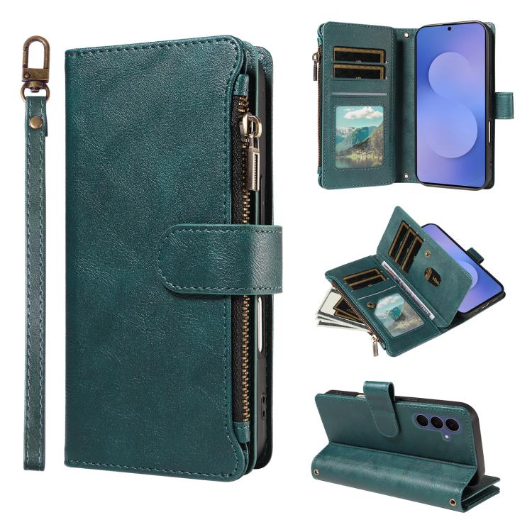 Custodia per telefono vegana in similpelle di vitello con 9 scomparti per carte, chiusura a cerniera e cinturino da polso., For Galaxy S26 FE 5G, For Galaxy S26+ 5G, For Galaxy S26 Edge 5G, For Galaxy S26 Ultra 5G