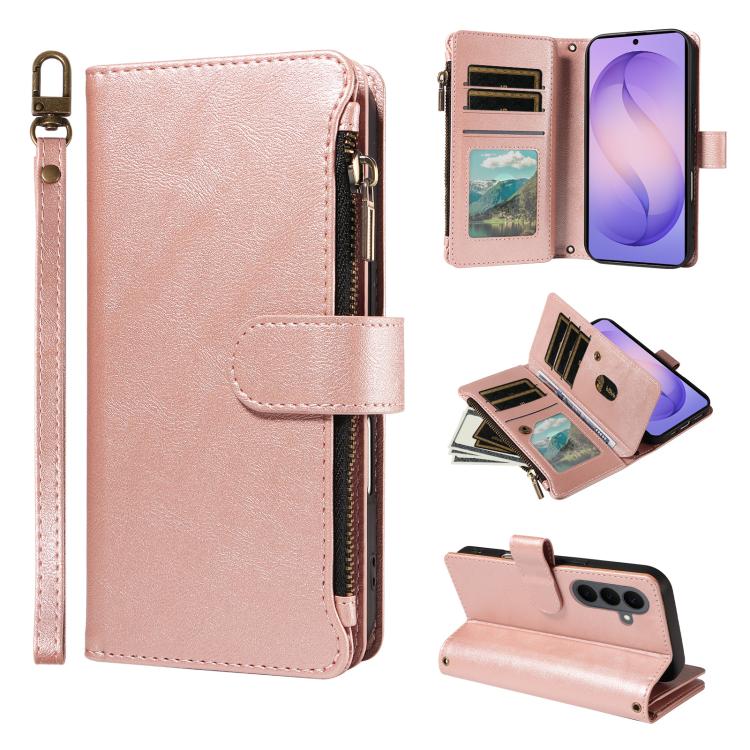 Custodia per telefono vegana in similpelle di vitello con 9 scomparti per carte, chiusura a cerniera e cinturino da polso., For Galaxy S26 FE 5G, For Galaxy S26+ 5G, For Galaxy S26 Edge 5G, For Galaxy S26 Ultra 5G