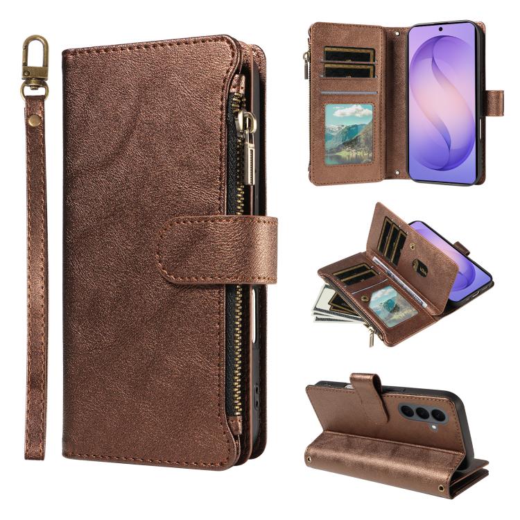 Custodia per telefono vegana in similpelle di vitello con 9 scomparti per carte, chiusura a cerniera e cinturino da polso., For Galaxy S26 FE 5G, For Galaxy S26+ 5G, For Galaxy S26 Edge 5G, For Galaxy S26 Ultra 5G