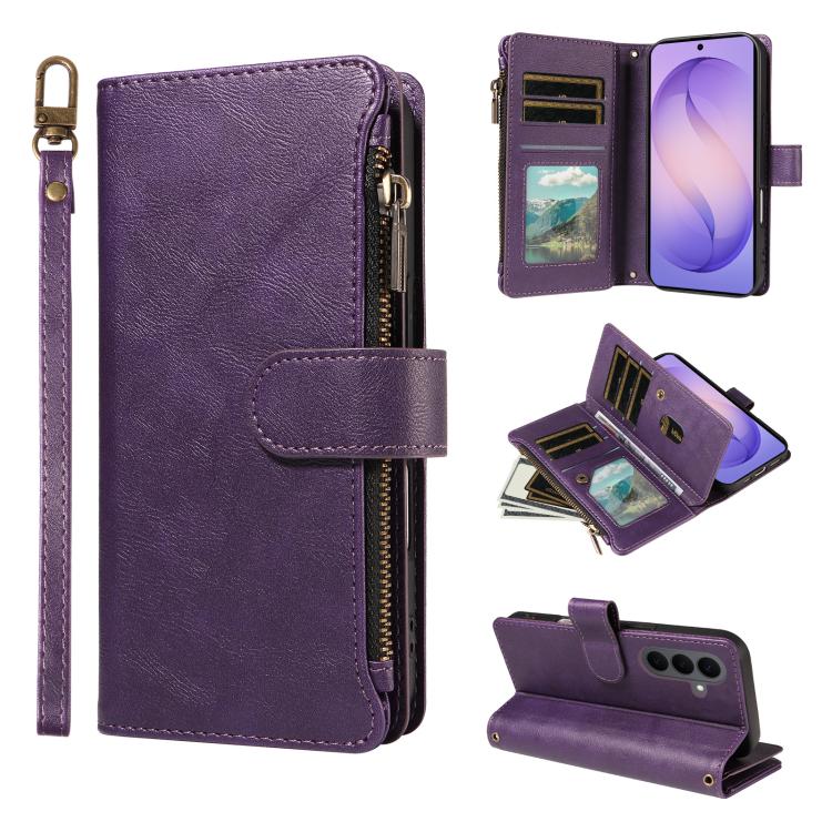 Custodia per telefono vegana in similpelle di vitello con 9 scomparti per carte, chiusura a cerniera e cinturino da polso., For Galaxy S26 FE 5G, For Galaxy S26+ 5G, For Galaxy S26 Edge 5G, For Galaxy S26 Ultra 5G