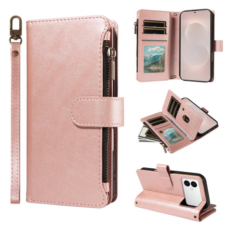 Custodia per telefono vegana in similpelle di vitello con 9 scomparti per carte, chiusura a cerniera e cinturino da polso., For Galaxy S26 FE 5G, For Galaxy S26+ 5G, For Galaxy S26 Edge 5G, For Galaxy S26 Ultra 5G