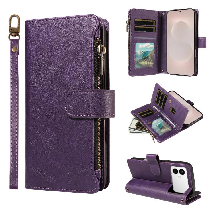 Custodia per telefono vegana in similpelle di vitello con 9 scomparti per carte, chiusura a cerniera e cinturino da polso., For Galaxy S26 FE 5G, For Galaxy S26+ 5G, For Galaxy S26 Edge 5G, For Galaxy S26 Ultra 5G