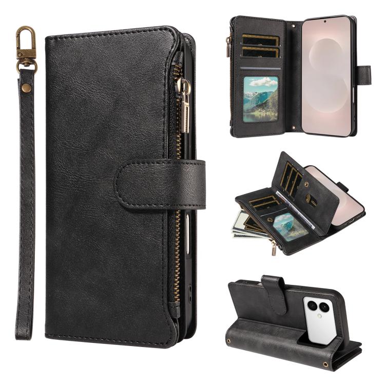 Custodia per telefono vegana in similpelle di vitello con 9 scomparti per carte, chiusura a cerniera e cinturino da polso., For Galaxy S26 FE 5G, For Galaxy S26+ 5G, For Galaxy S26 Edge 5G, For Galaxy S26 Ultra 5G