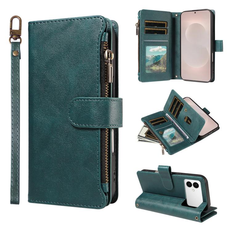 Custodia per telefono vegana in similpelle di vitello con 9 scomparti per carte, chiusura a cerniera e cinturino da polso., For Galaxy S26 FE 5G, For Galaxy S26+ 5G, For Galaxy S26 Edge 5G, For Galaxy S26 Ultra 5G