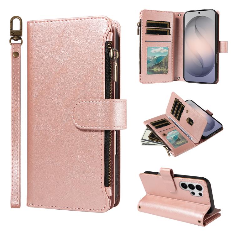 Custodia per telefono vegana in similpelle di vitello con 9 scomparti per carte, chiusura a cerniera e cinturino da polso., For Galaxy S26 FE 5G, For Galaxy S26+ 5G, For Galaxy S26 Edge 5G, For Galaxy S26 Ultra 5G