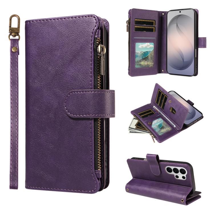 Custodia per telefono vegana in similpelle di vitello con 9 scomparti per carte, chiusura a cerniera e cinturino da polso., For Galaxy S26 FE 5G, For Galaxy S26+ 5G, For Galaxy S26 Edge 5G, For Galaxy S26 Ultra 5G