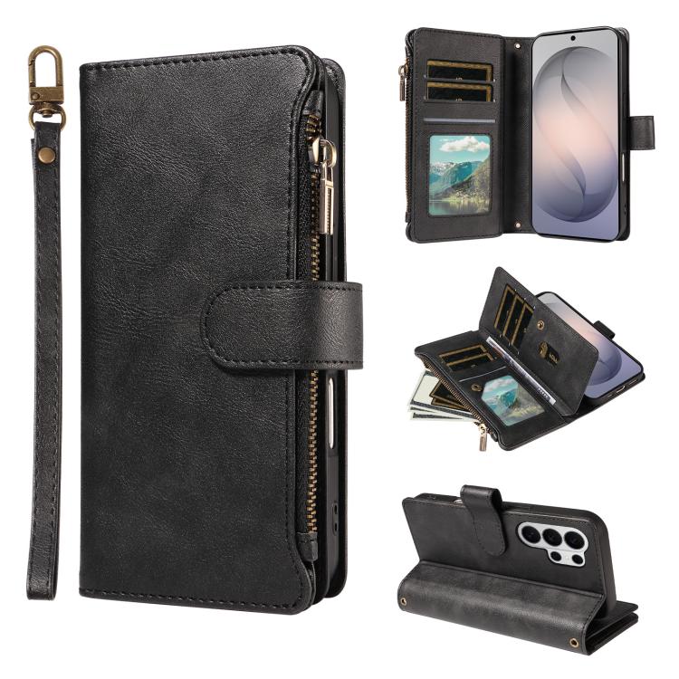 Custodia per telefono vegana in similpelle di vitello con 9 scomparti per carte, chiusura a cerniera e cinturino da polso., For Galaxy S26 FE 5G, For Galaxy S26+ 5G, For Galaxy S26 Edge 5G, For Galaxy S26 Ultra 5G