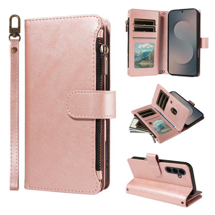 Custodia per telefono vegana in similpelle di vitello con 9 scomparti per carte, chiusura a cerniera e cinturino da polso., For Galaxy S25 FE 5G, For Galaxy S25 Edge 5G, For Galaxy S25 / S24 5G, For Galaxy S25+ / S24+ 5G