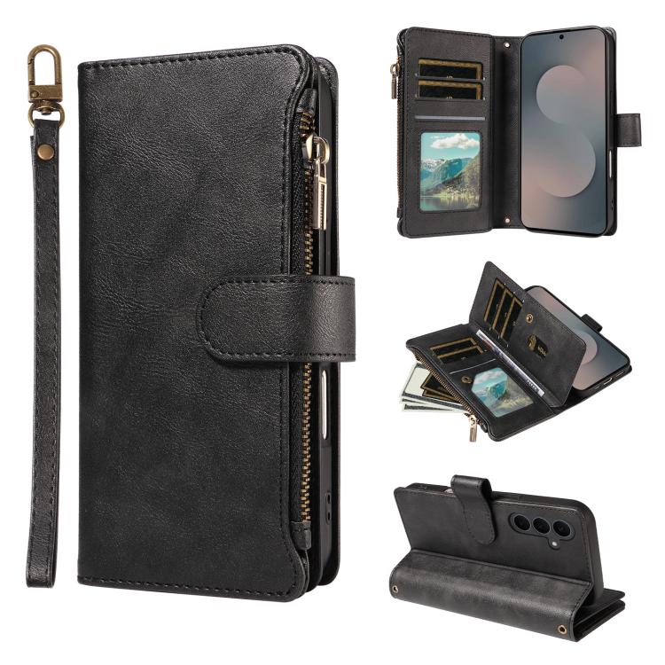 Custodia per telefono vegana in similpelle di vitello con 9 scomparti per carte, chiusura a cerniera e cinturino da polso., For Galaxy S25 FE 5G, For Galaxy S25 Edge 5G, For Galaxy S25 / S24 5G, For Galaxy S25+ / S24+ 5G
