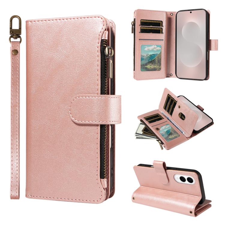 Custodia per telefono vegana in similpelle di vitello con 9 scomparti per carte, chiusura a cerniera e cinturino da polso., For Galaxy S25 FE 5G, For Galaxy S25 Edge 5G, For Galaxy S25 / S24 5G, For Galaxy S25+ / S24+ 5G