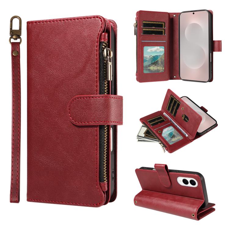 Custodia per telefono vegana in similpelle di vitello con 9 scomparti per carte, chiusura a cerniera e cinturino da polso., For Galaxy S25 FE 5G, For Galaxy S25 Edge 5G, For Galaxy S25 / S24 5G, For Galaxy S25+ / S24+ 5G