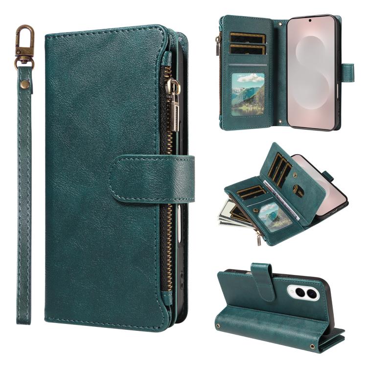 Custodia per telefono vegana in similpelle di vitello con 9 scomparti per carte, chiusura a cerniera e cinturino da polso., For Galaxy S25 FE 5G, For Galaxy S25 Edge 5G, For Galaxy S25 / S24 5G, For Galaxy S25+ / S24+ 5G
