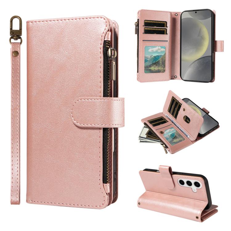 Custodia per telefono vegana in similpelle di vitello con 9 scomparti per carte, chiusura a cerniera e cinturino da polso., For Galaxy S25 FE 5G, For Galaxy S25 Edge 5G, For Galaxy S25 / S24 5G, For Galaxy S25+ / S24+ 5G