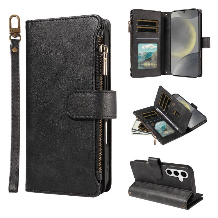 Custodia per telefono vegana in similpelle di vitello con 9 scomparti per carte, chiusura a cerniera e cinturino da polso., For Galaxy S25 FE 5G, For Galaxy S25 Edge 5G, For Galaxy S25 / S24 5G, For Galaxy S25+ / S24+ 5G