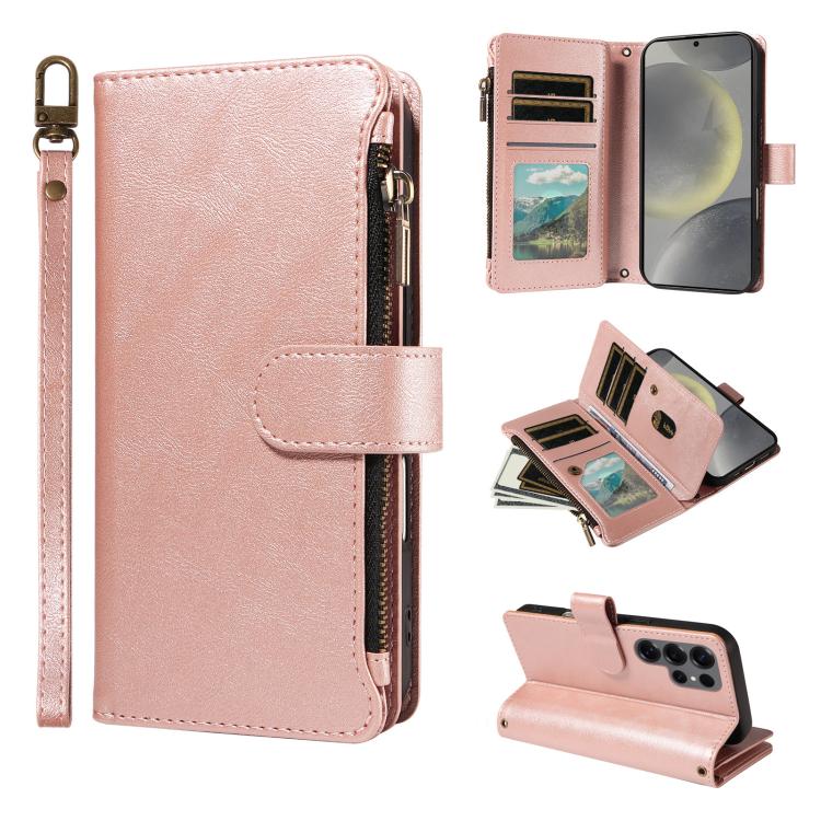 Custodia per telefono vegana in similpelle di vitello con 9 scomparti per carte, chiusura a cerniera e cinturino da polso., For Galaxy S25 Ultra 5G, For Galaxy S24 FE 5G, For Galaxy S24 Ultra 5G, For Galaxy S23 FE 5G