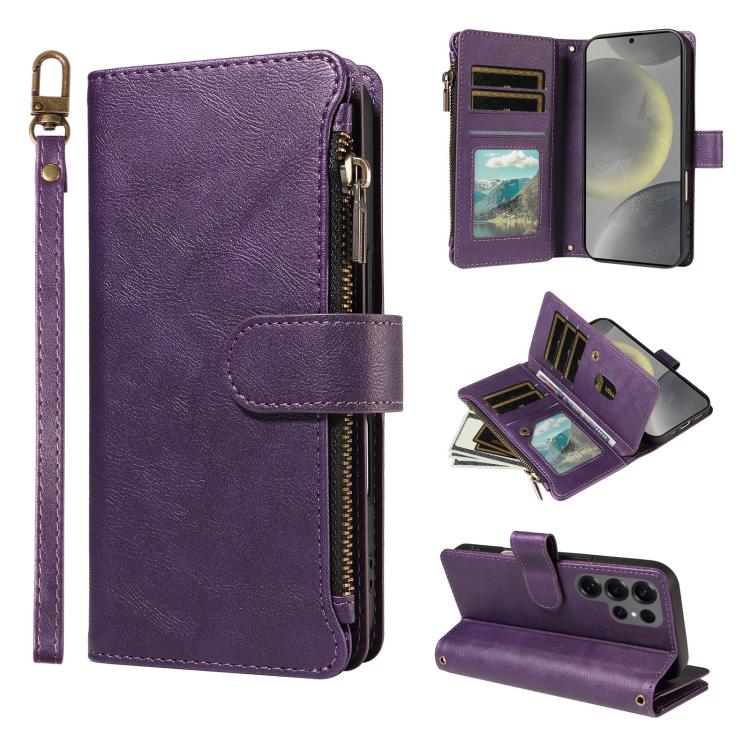 Custodia per telefono vegana in similpelle di vitello con 9 scomparti per carte, chiusura a cerniera e cinturino da polso., For Galaxy S25 Ultra 5G, For Galaxy S24 FE 5G, For Galaxy S24 Ultra 5G, For Galaxy S23 FE 5G