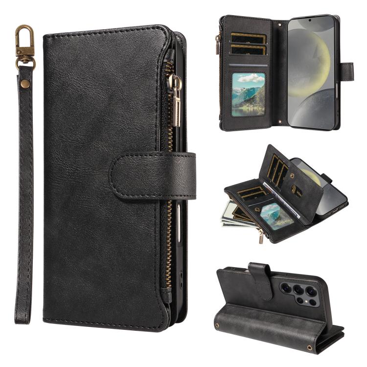 Custodia per telefono vegana in similpelle di vitello con 9 scomparti per carte, chiusura a cerniera e cinturino da polso., For Galaxy S25 Ultra 5G, For Galaxy S24 FE 5G, For Galaxy S24 Ultra 5G, For Galaxy S23 FE 5G