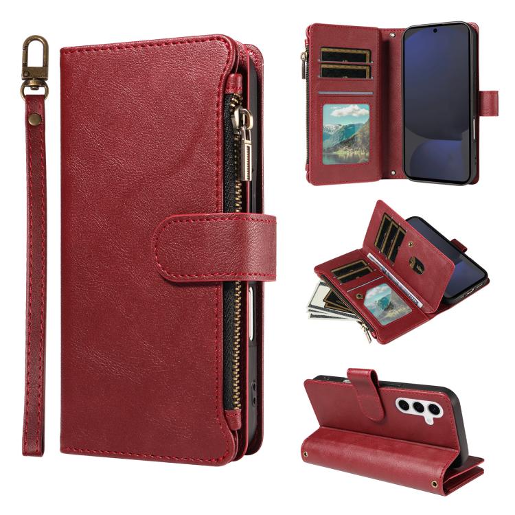Custodia per telefono vegana in similpelle di vitello con 9 scomparti per carte, chiusura a cerniera e cinturino da polso., For Galaxy S25 Ultra 5G, For Galaxy S24 FE 5G, For Galaxy S24 Ultra 5G, For Galaxy S23 FE 5G