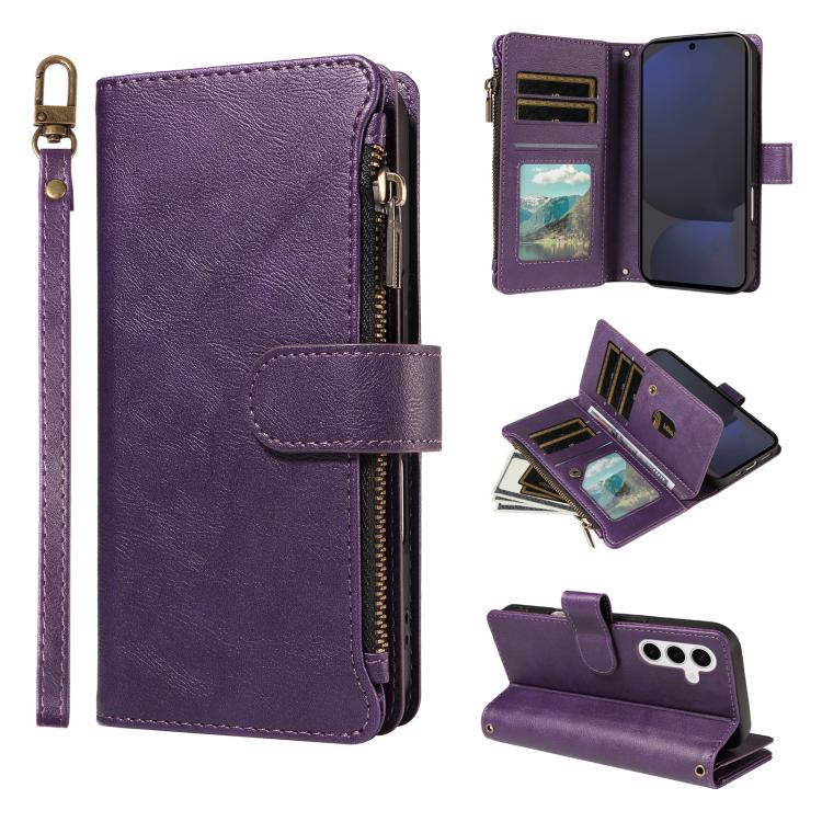 Custodia per telefono vegana in similpelle di vitello con 9 scomparti per carte, chiusura a cerniera e cinturino da polso., For Galaxy S25 Ultra 5G, For Galaxy S24 FE 5G, For Galaxy S24 Ultra 5G, For Galaxy S23 FE 5G