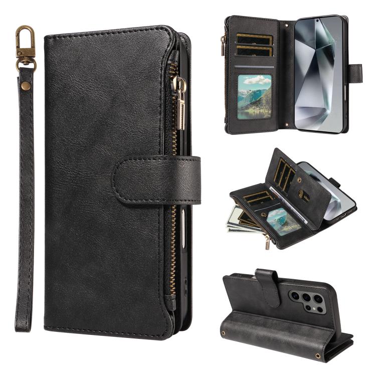 Custodia per telefono vegana in similpelle di vitello con 9 scomparti per carte, chiusura a cerniera e cinturino da polso., For Galaxy S25 Ultra 5G, For Galaxy S24 FE 5G, For Galaxy S24 Ultra 5G, For Galaxy S23 FE 5G