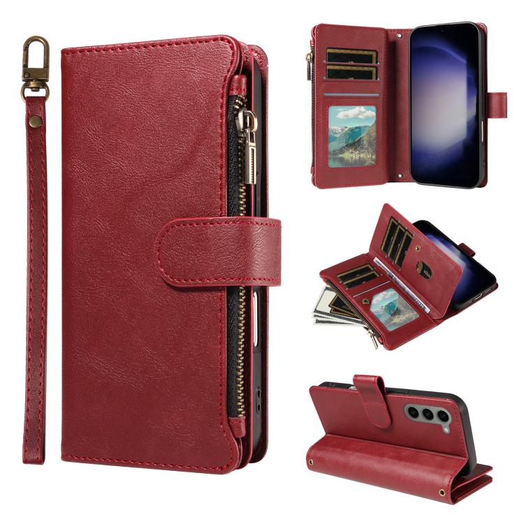 Custodia per telefono vegana in similpelle di vitello con 9 scomparti per carte, chiusura a cerniera e cinturino da polso., For Galaxy S23 Ultra 5G, For Galaxy S23+ 5G, For Galaxy S23 5G