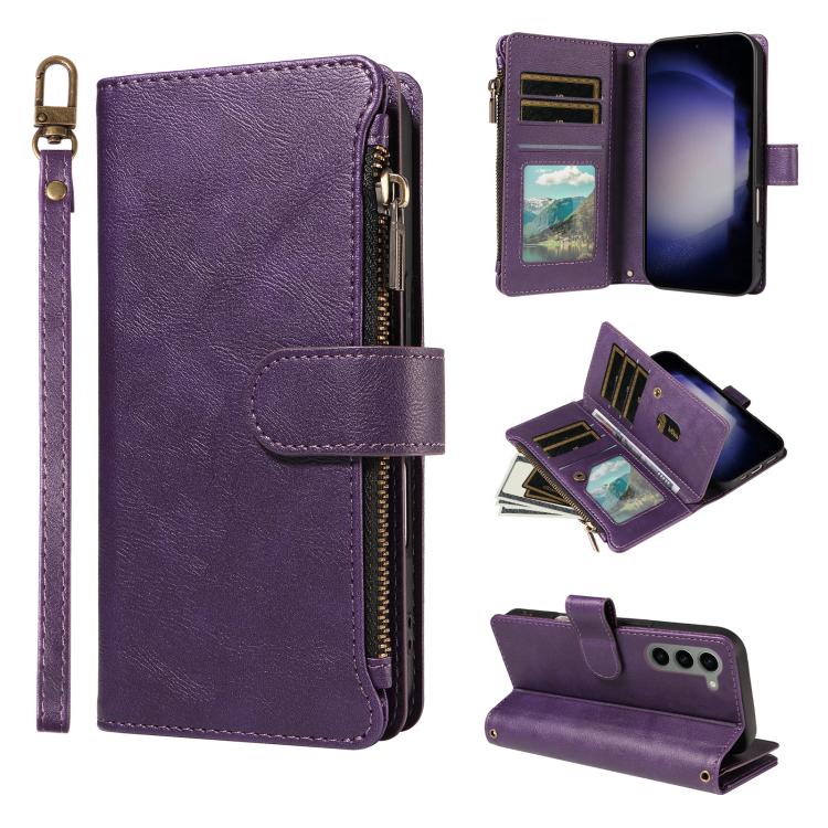 Custodia per telefono vegana in similpelle di vitello con 9 scomparti per carte, chiusura a cerniera e cinturino da polso., For Galaxy S23 Ultra 5G, For Galaxy S23+ 5G, For Galaxy S23 5G