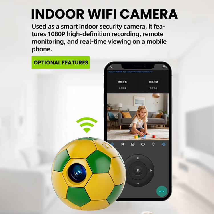 Mini fotocamera da pollice Q8 Pro 1080P HD con design creativo a tema calcio e connessione WiFi.
