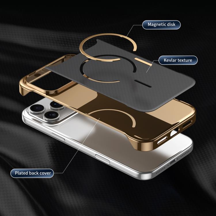 Custodia magnetica per telefono senza bordi con texture in Kevlar galvanizzato, For iPhone 15 Pro, For iPhone 15, For iPhone 14, For iPhone 14 Pro