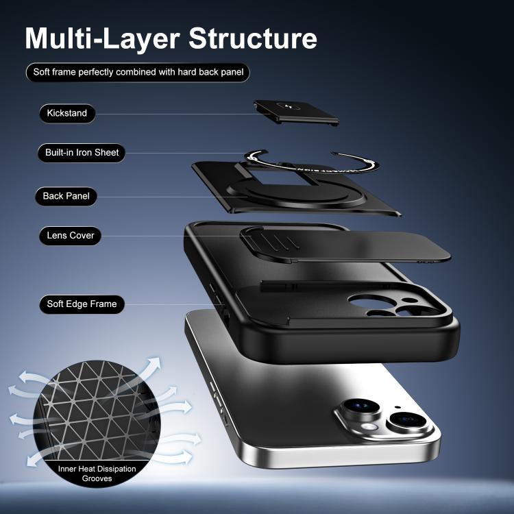 Custodia magnetica per telefono con supporto scorrevole per fotocamera., For iPhone 15, For iPhone 14, For iPhone 14 Pro, For iPhone 14 Pro Max