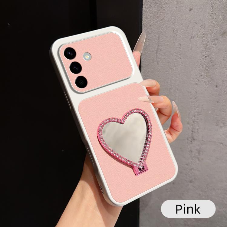 Custodia per telefono antiurto serie agnello con effetto pelle e specchietto a forma di cuore, For Galaxy A07 5G / 4G, For Galaxy A06 5G, For Galaxy A56 5G, For Galaxy A26 5G