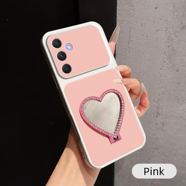 Custodia per telefono antiurto serie agnello con effetto pelle e specchietto a forma di cuore, For Galaxy A25 5G, For Galaxy A24 4G, For Galaxy A34 5G, For Galaxy A54 5G
