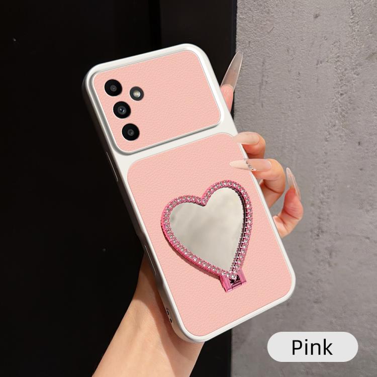 Custodia per telefono antiurto serie agnello con effetto pelle e specchietto a forma di cuore, For Galaxy A14 5G
