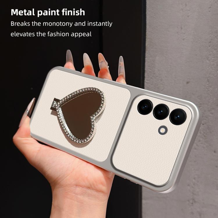 Custodia per telefono antiurto serie agnello con effetto pelle e specchietto a forma di cuore, For Galaxy S26 FE 5G, For Galaxy S26+ 5G, For Galaxy S26 Edge 5G, For Galaxy S26 Ultra 5G