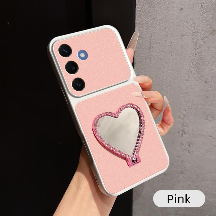 Custodia per telefono antiurto serie agnello con effetto pelle e specchietto a forma di cuore, For Galaxy S26 FE 5G, For Galaxy S26+ 5G, For Galaxy S26 Edge 5G, For Galaxy S26 Ultra 5G