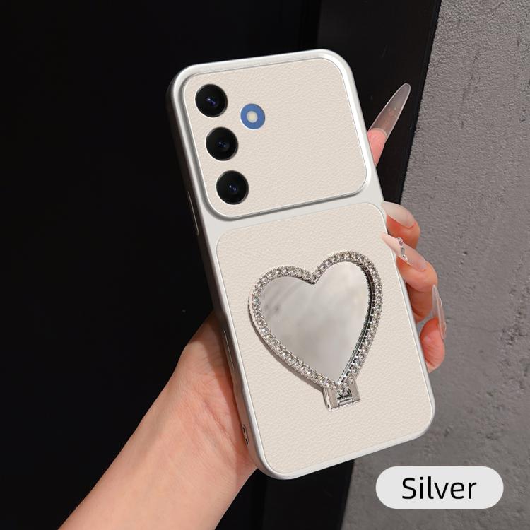 Custodia per telefono antiurto serie agnello con effetto pelle e specchietto a forma di cuore, For Galaxy S26 FE 5G, For Galaxy S26+ 5G, For Galaxy S26 Edge 5G, For Galaxy S26 Ultra 5G