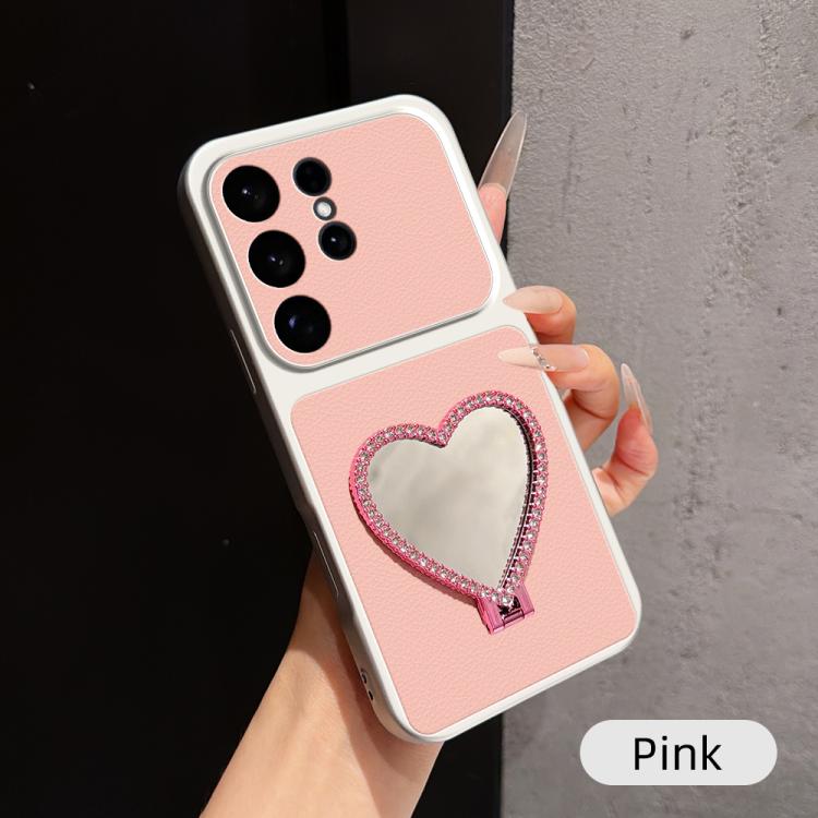 Custodia per telefono antiurto serie agnello con effetto pelle e specchietto a forma di cuore, For Galaxy S26 FE 5G, For Galaxy S26+ 5G, For Galaxy S26 Edge 5G, For Galaxy S26 Ultra 5G