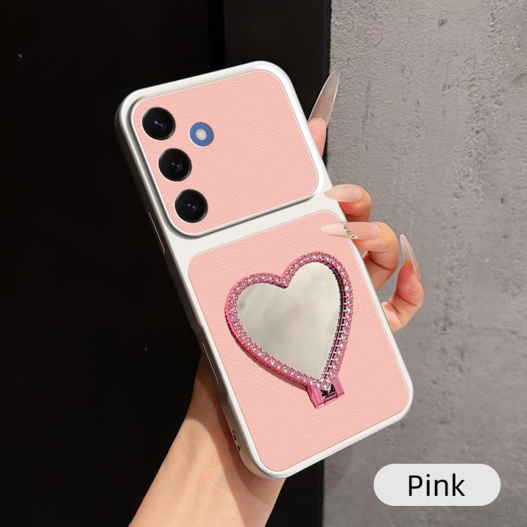 Custodia per telefono antiurto serie agnello con effetto pelle e specchietto a forma di cuore, For Galaxy S26 5G, For Galaxy S25 FE 5G, For Galaxy S25 Edge 5G, For Galaxy S25+ 5G