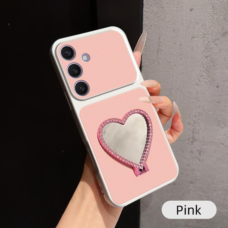 Custodia per telefono antiurto serie agnello con effetto pelle e specchietto a forma di cuore, For Galaxy S26 5G, For Galaxy S25 FE 5G, For Galaxy S25 Edge 5G, For Galaxy S25+ 5G
