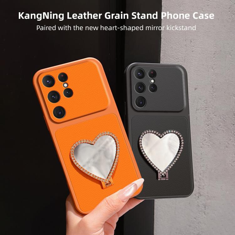 Custodia per telefono antiurto serie agnello con effetto pelle e specchietto a forma di cuore, For Galaxy S25 Ultra 5G, For Galaxy S24 FE 5G, For Galaxy S24 Ultra 5G, For Galaxy S24 5G
