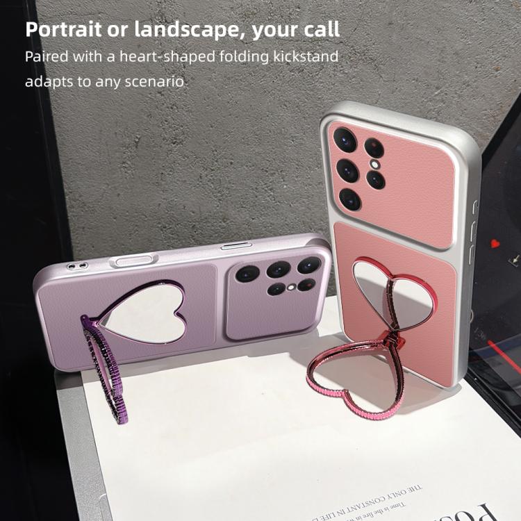 Custodia per telefono antiurto serie agnello con effetto pelle e specchietto a forma di cuore, For Galaxy S25 Ultra 5G, For Galaxy S24 FE 5G, For Galaxy S24 Ultra 5G, For Galaxy S24 5G