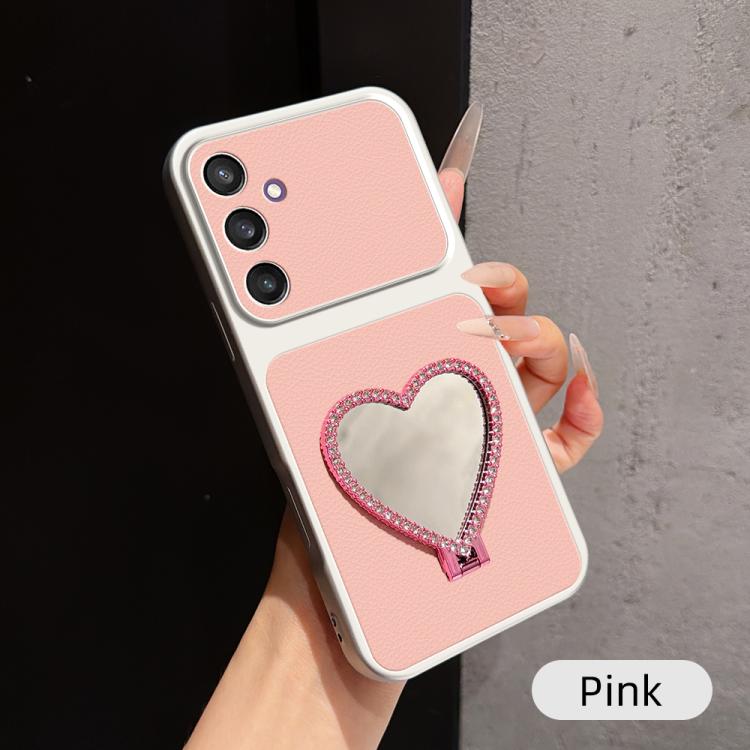 Custodia per telefono antiurto serie agnello con effetto pelle e specchietto a forma di cuore, For Galaxy S25 Ultra 5G, For Galaxy S24 FE 5G, For Galaxy S24 Ultra 5G, For Galaxy S24 5G