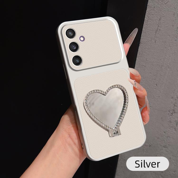 Custodia per telefono antiurto serie agnello con effetto pelle e specchietto a forma di cuore, For Galaxy S25 Ultra 5G, For Galaxy S24 FE 5G, For Galaxy S24 Ultra 5G, For Galaxy S24 5G