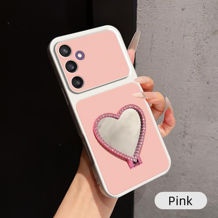 Custodia per telefono antiurto serie agnello con effetto pelle e specchietto a forma di cuore, For Galaxy S23 FE 5G, For Galaxy S23 Ultra 5G, For Galaxy S23+ 5G, For Galaxy S23 5G